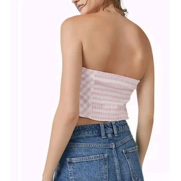Free People Leilani Gingham Tube Top Corset NWT Pink White Smocked Back Size L - Picture 10 of 10